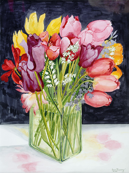 Tulips and Bluebells in a Rectangular Glass Tub à Joan  Thewsey