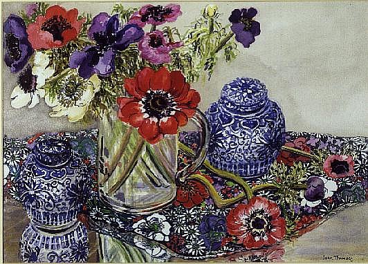 Anemones with Blue and White Pots (w/c)  à Joan  Thewsey