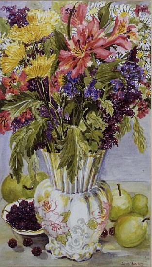 Blackberries and Apples with a Jug of Mixed Flowers (w/c)  à Joan  Thewsey