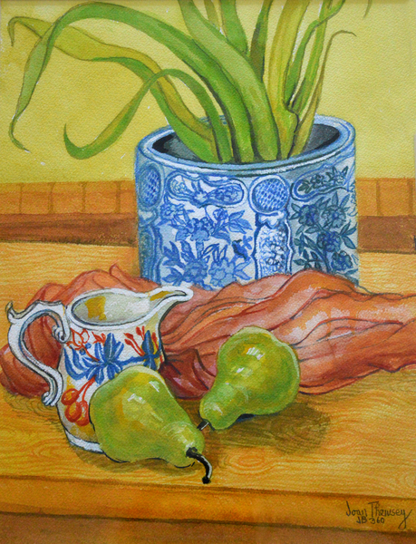 Blue and White Pot, Jug and Pears à Joan  Thewsey