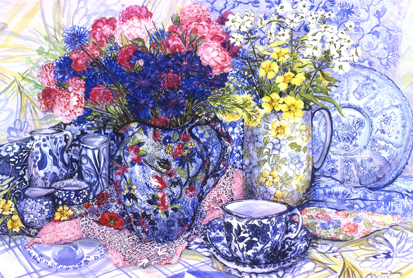 Cornflowers with Antique Jugs and Patterned Fabrics à Joan  Thewsey