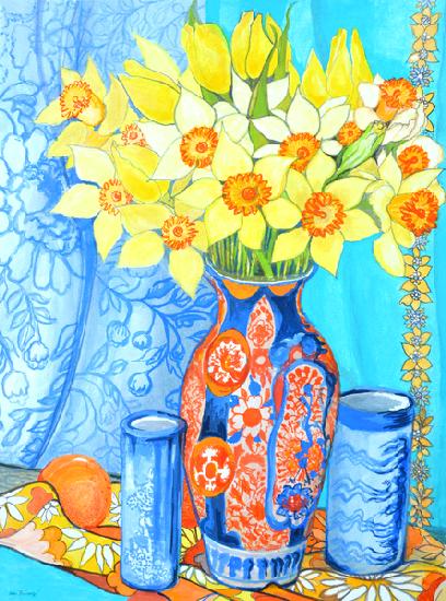 Daffodils and Tulips in an Imani Vase  oranges and textiles