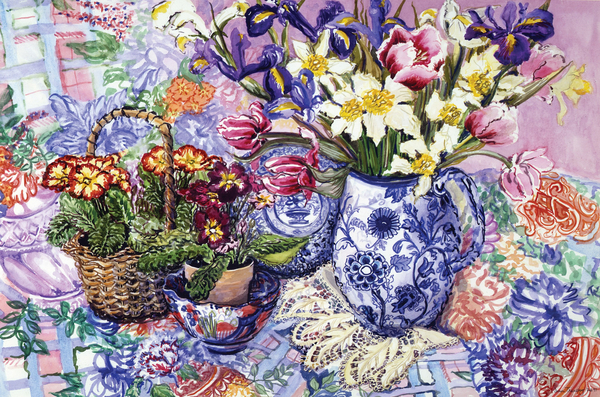 Daffodils, Tulips and Iris in a Jacobean Blue and White Jug with Sanderson Fabric and Primroses à Joan  Thewsey