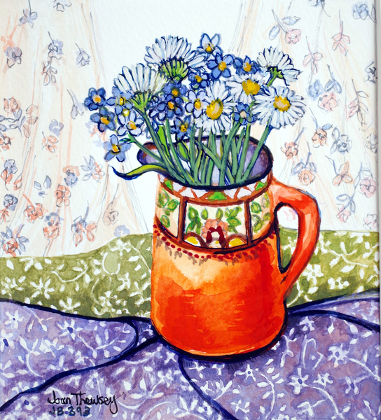 Daisies and Forget-Me-Nots Orange Jug and Patterned Fabric à Joan  Thewsey