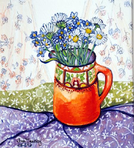 Daisies and Forget-Me-Nots Orange Jug and Patterned Fabric