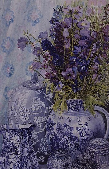 Delphiniums with Antique Blue Pots  à Joan  Thewsey
