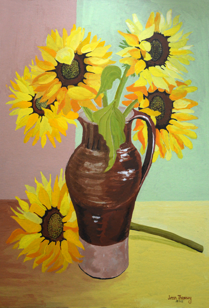 Five Sunflowers in a Tall Brown Jug à Joan  Thewsey