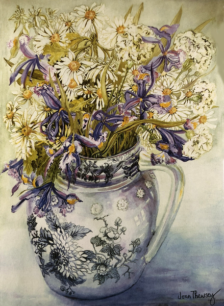 Iris, Chrysanthemums and Carnations in a Copeland Jug à Joan  Thewsey