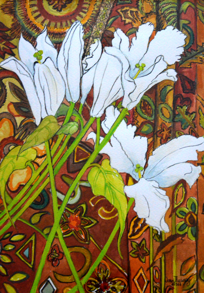 Lilies against a Patterned Fabric à Joan  Thewsey