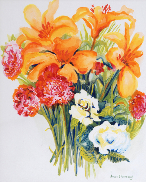 Orange Lilies,Gardenias and Carnations à Joan  Thewsey