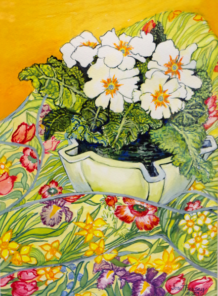 Pale Primrose in a Pot with Spring-flowered Textile à Joan  Thewsey