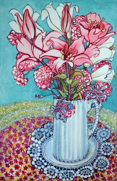 Pink Lilies in a Jug, with Lace à Joan  Thewsey