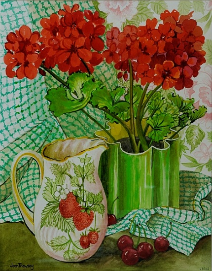 Red geranium with the strawberry jug and cherries à Joan  Thewsey