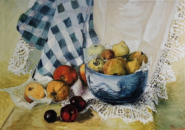 Still life with a Blue Bowl, Apples, Pears, Textiles and Lace à Joan  Thewsey