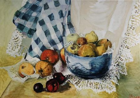 Still life with a Blue Bowl, Apples, Pears, Textiles and Lace