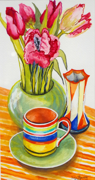 Striped Cup with Saucer, Vase and Tulips à Joan  Thewsey