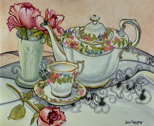 Teatime with Roses and a cutwork cloth à Joan  Thewsey