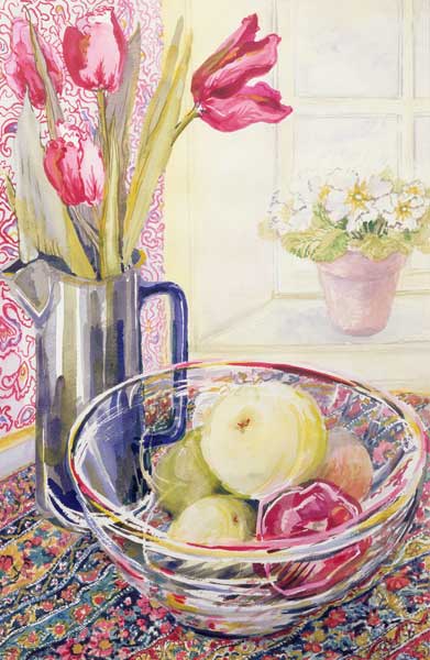 Tulips with Fruit in a Glass Bowl (w/c)  à Joan  Thewsey