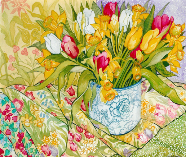 Tulips and Daffodils with Patterned Textiles à Joan  Thewsey