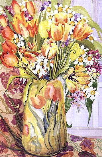 Tulips and Narcissi in an Art Nouveau Vase (w/c on paper)  à Joan  Thewsey