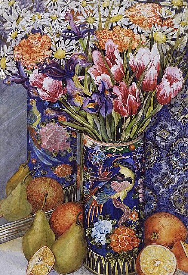 Tulips in a Japanese Vase with Fruit (w/c)  à Joan  Thewsey