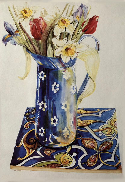 Tulips, Iris and Narcissus in a Blue Enamel Jug with an Italian Tile à Joan  Thewsey