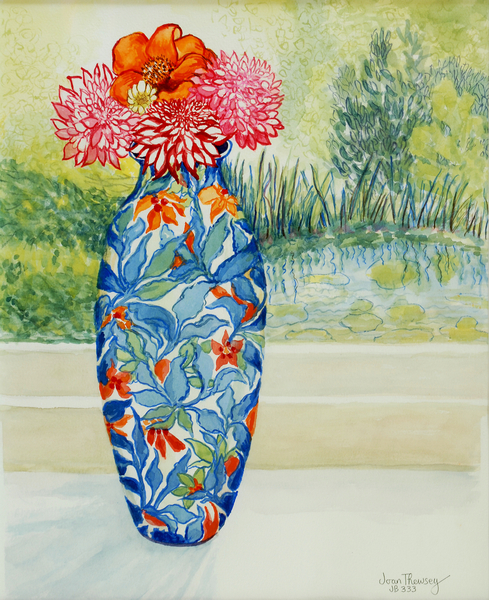 Vase with Dahlias and View of the Pond à Joan  Thewsey