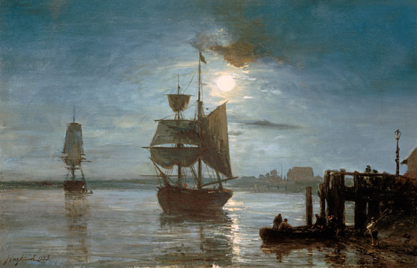 Navire de voile avec la lune. à Johan Barthold Jongkind