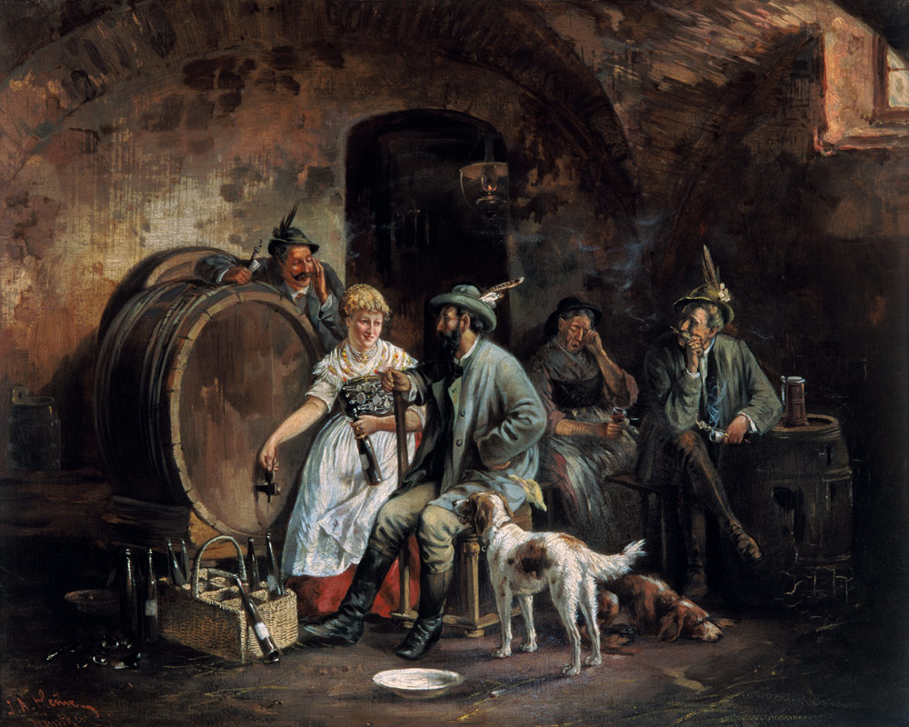 beuverie dans la cave de vin en mettant des bouteilles de vin à Johann Adalbert Heine