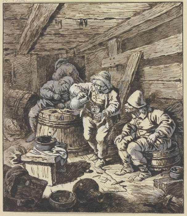 In einem niedrigen, holzverkleideten Raum mit Fässern sitzt rechts ein Bauer, nach seinem Kumpan sch à Johann Albrecht Dietzsch