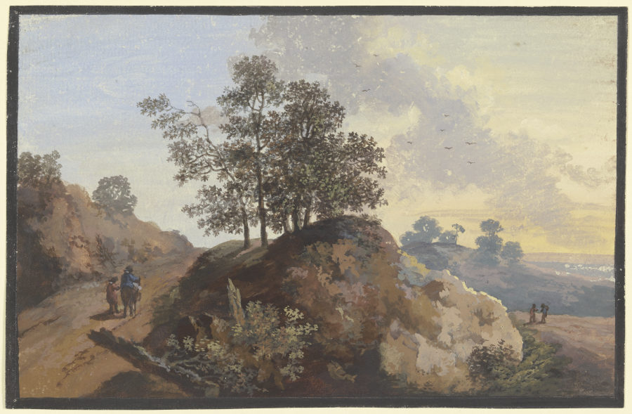 Baumpartie mit Felsen zwischen zwei Wegen, links zwei Männer, einer beritten, rechts zwei Figuren un à Johann Alexander Thiele