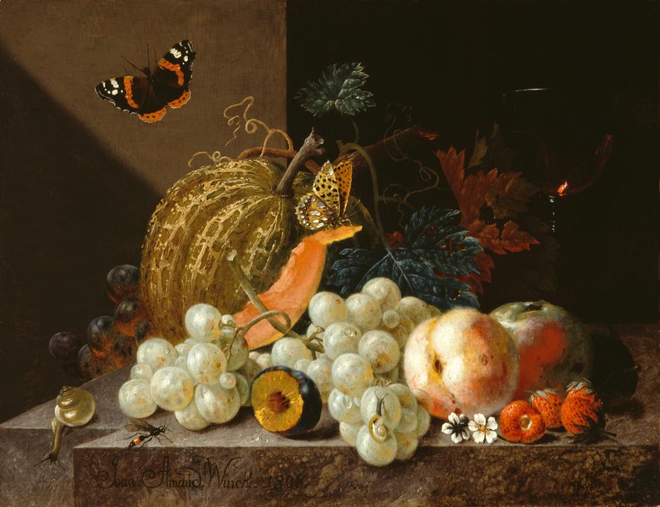 Früchtestillleben mit Weinglas und  Insekten à Johann Amandus Winck