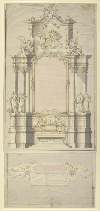Altarentwurf: An den Säulen links der Heilige Petrus und die Heilige Margarethe, rechts der Heilige  à Johann Baptist Straub