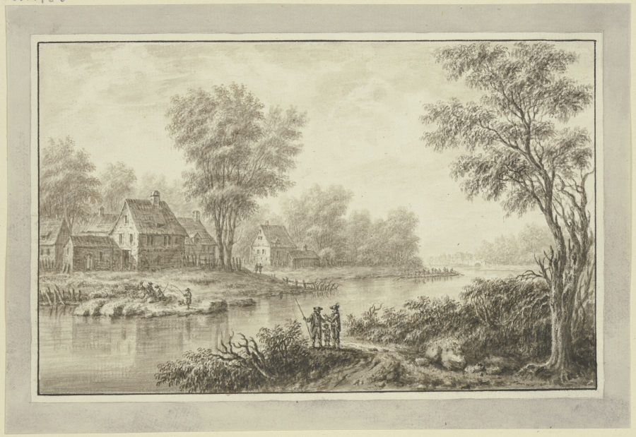 Blick auf einen Fluß, am linken Ufer eine Häusergruppe unter Bäumen, im Vordergrund eine Anglergrupp à Johann Caspar Zehender