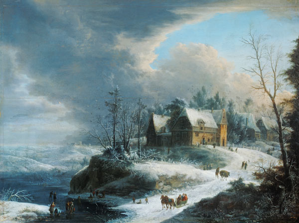Paysage d'hiver avec un petit village sur un fleuve gelé. à Johann Christian Vollerdt