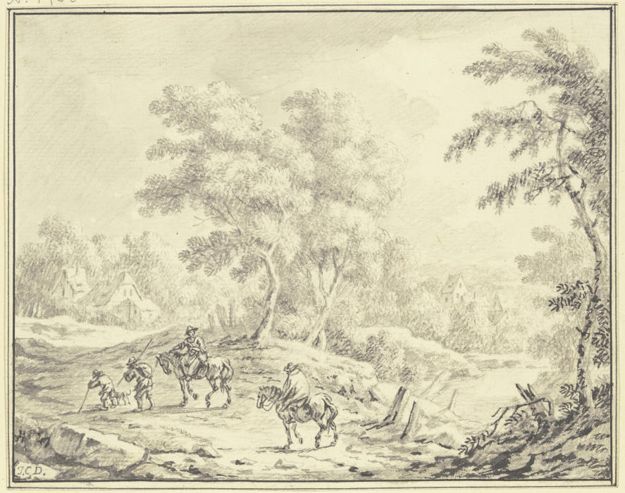 Bewaldete hügelige Landschaft, in der Mitte eine Baumgruppe, hinter der Häuser liegen, im Vordergrun à Johann Christoph Dietzsch