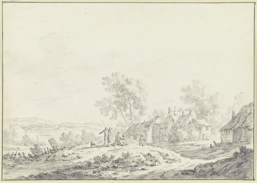 Häuser eines Dorfes in einer hügeligen Landschaft, von links führt ein Weg mit einer Gruppe von Pers à Johann Christoph Dietzsch