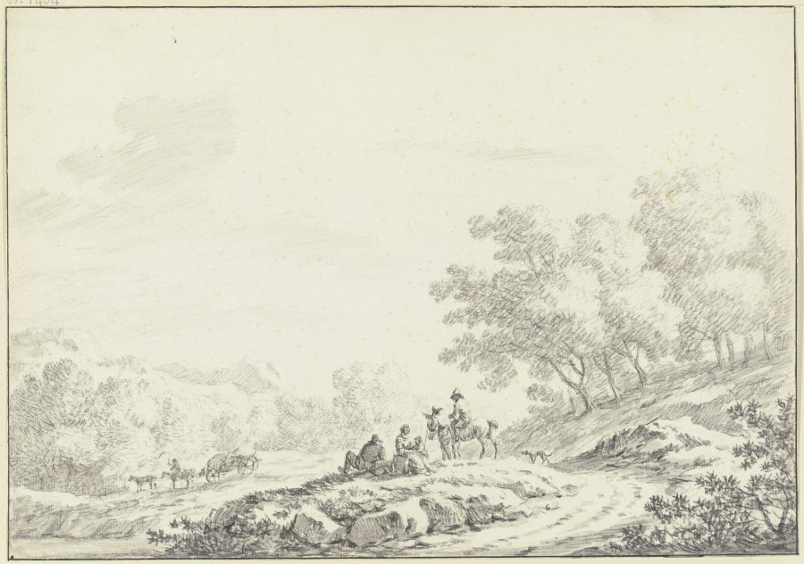 Hügelige bewaldete Landschaft, im Vordergrund neben einem Weg eine Gruppe von ruhenden Landleuten mi à Johann Christoph Dietzsch