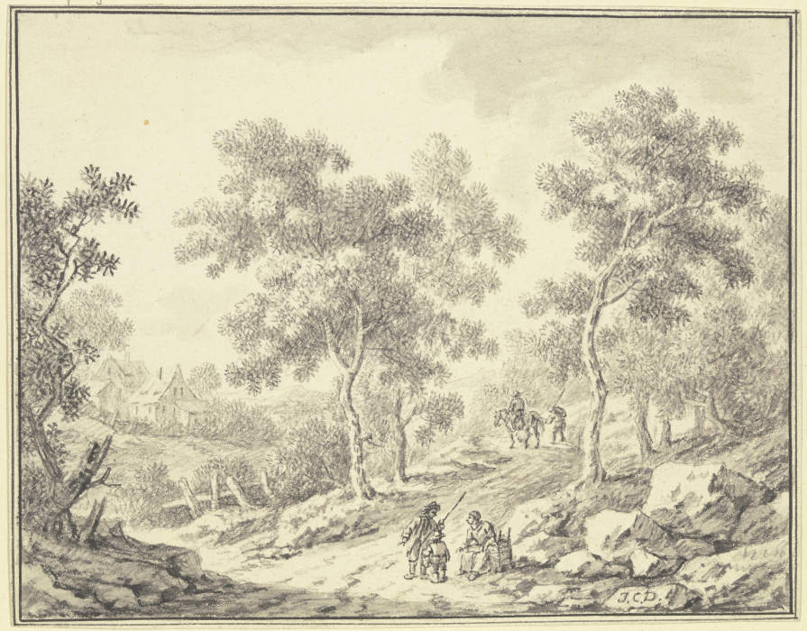Waldweg, links Durchblick auf ein Gehöft, im Vordergrund eine sitzende Frau mit einer Kiepe und ein  à Johann Christoph Dietzsch