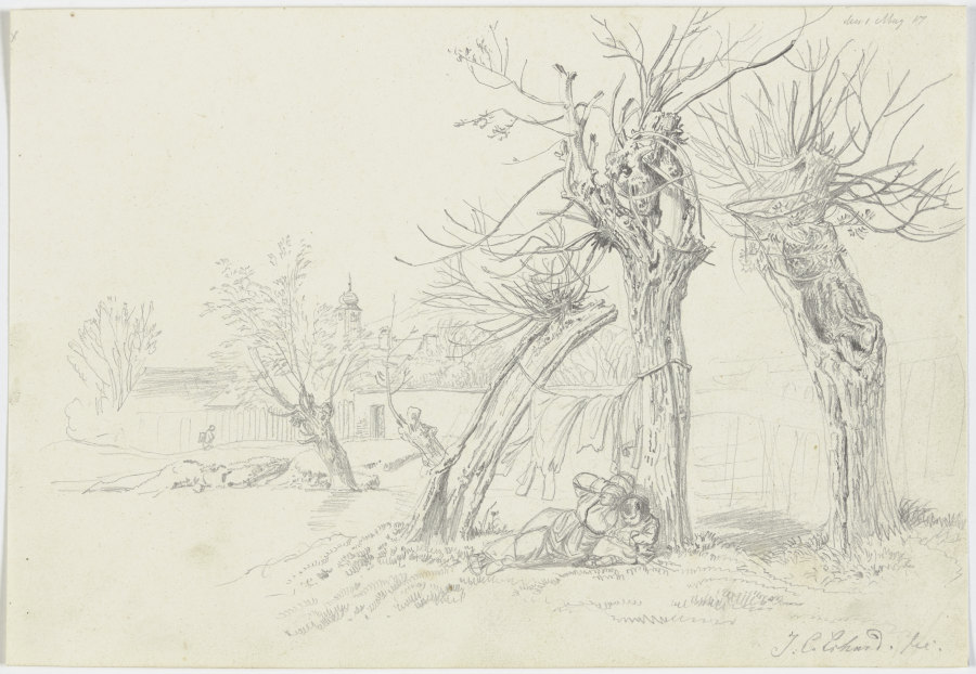 Unter Weidenbäumen wird Wäsche getrocknet, darunter liegt eine Frau mit Kinde, hinten ein Dorf à Johann Christoph Erhard