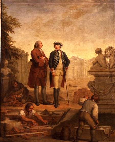 King Frederick II of Prussia (1712-86) and the Marquis of Argens (1704-1771) inspecting the construc à Johann Christoph Frisch