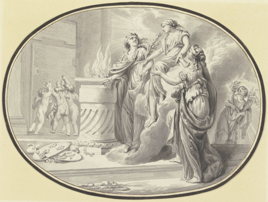 Eine Vestalin zwischen zwei Gefährtinnen vor einem Altar von einer Wolke herabsteigend, im Hintergru à Johann Eleazar Schenau