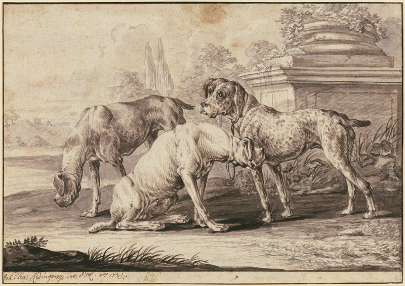 Three hunting dogs à Johann Elias Ridinger