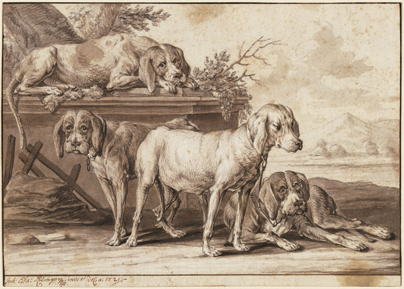 Four hunting dogs à Johann Elias Ridinger