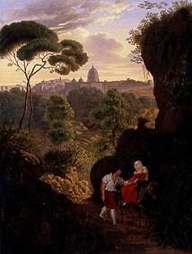 Couple errant sur le Monte Mario avec une vue sur Rome et Saint Pierre à Johann Erdmann Hummel