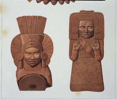 Two terracotta figures of women from Palenque, plate from 'Ancient Monuments of Mexico', engraved by à Johann Friedrich Maximilian von Waldeck