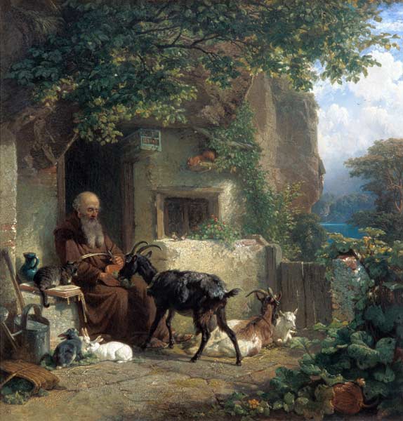 Un ermite avant son Klause, une chèvre nourrissant. à Johann Friedrich Voltz