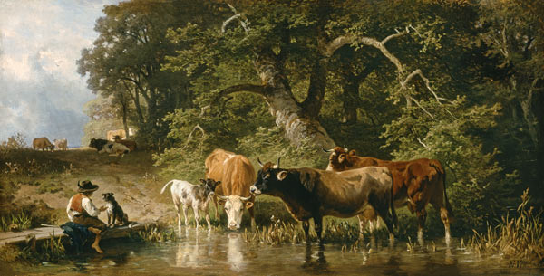 Garçon de berger avec des vaches à l'abreuvoir à Johann Friedrich Voltz