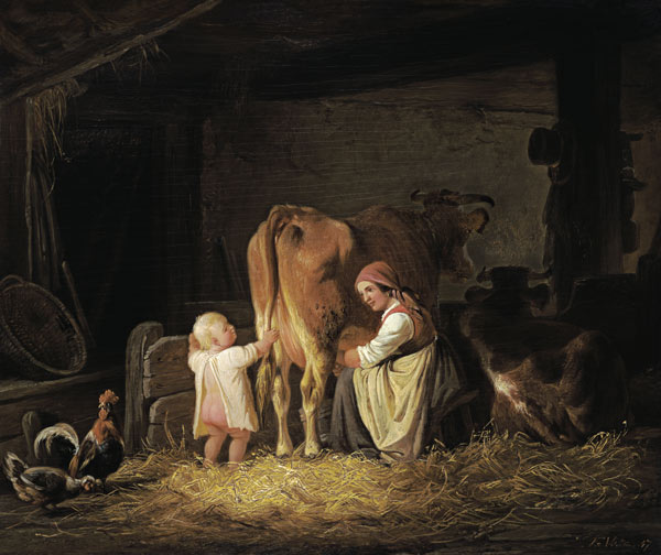 jeune paysanne avec l'enfant trayant à Johann Friedrich Voltz