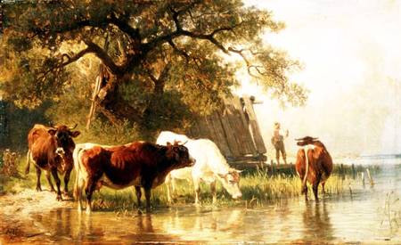 Cattle Watering in a River Landscape à Johann Friedrich Voltz